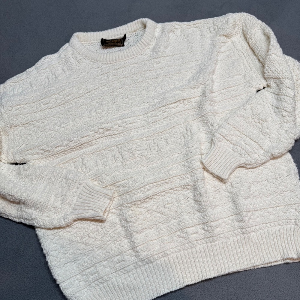 Vintage Fisherman Eddie Bauer Sweater Textured Knit Pullover XL Cream Off White